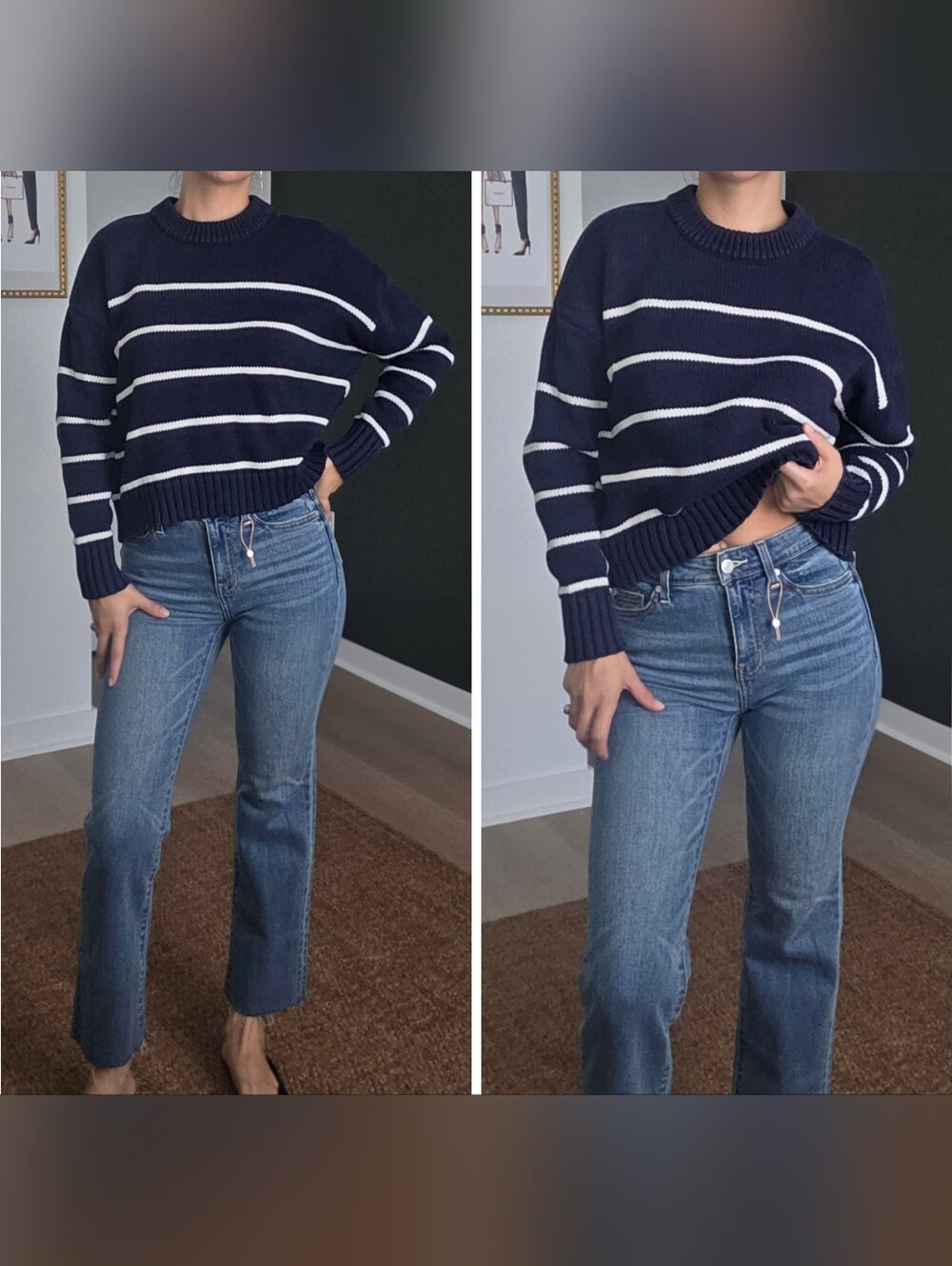 Outfit Quince Bella Stretch Straight Jeans Size 24, Cotton Stripe Crew Sweater S